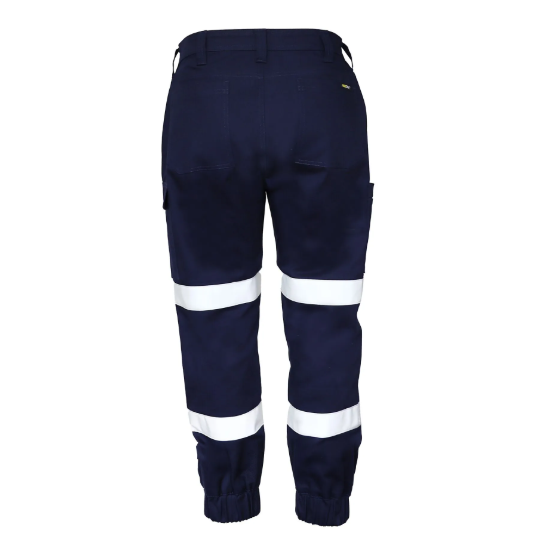 ladies navy coloured,  modern fit, durable, Workcraft WPL476 Womens Elasticised Hem Stretch Drill Cargo Taped Pants back view
