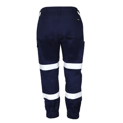 ladies navy coloured,  modern fit, durable, Workcraft WPL476 Womens Elasticised Hem Stretch Drill Cargo Taped Pants back view
