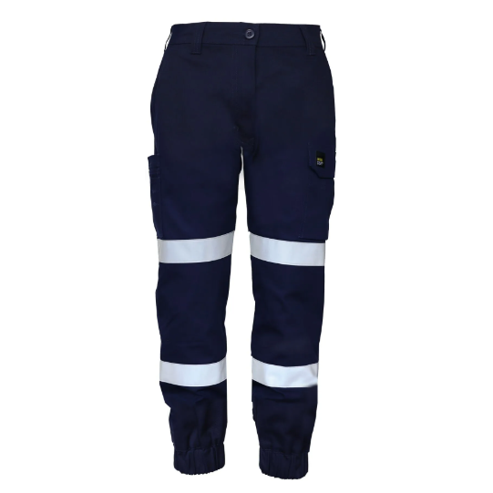 ladies navy blue, reinforced seams, uitlity pockets, Workcraft WPL476 Womens Elasticised Hem Stretch Drill Cargo Taped Pants front view