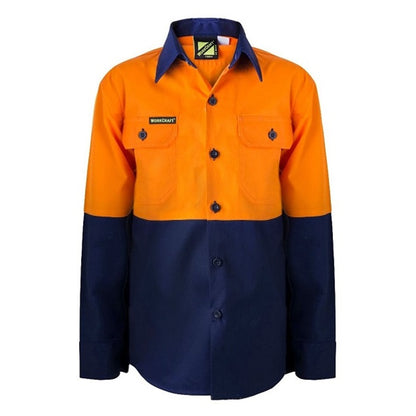 Childrens button down with front pockets Workcraft WSK127 Kids HiVis 2-Tone Long Sleeve Shirt, front view