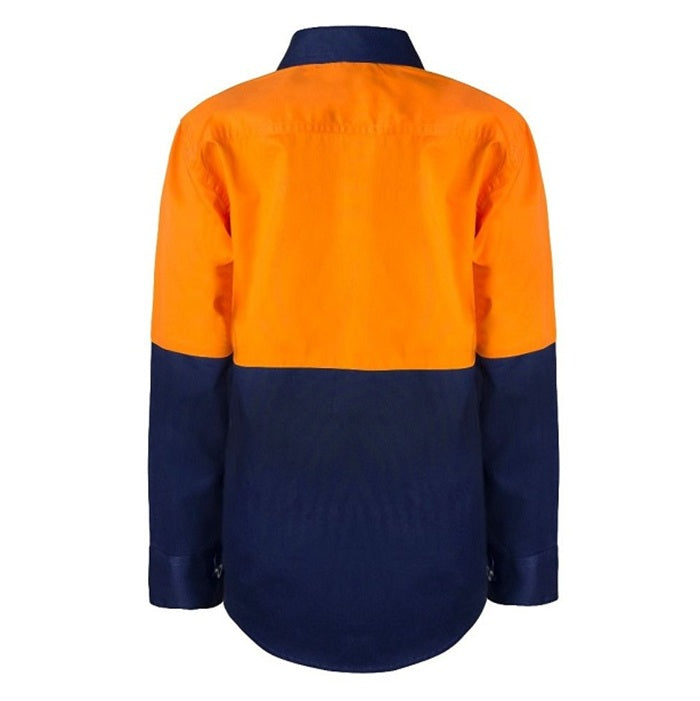 Childrens colourblock workshirt, Workcraft WSK127 Kids HiVis 2-Tone Long Sleeve Shirt, orange navy, rear view