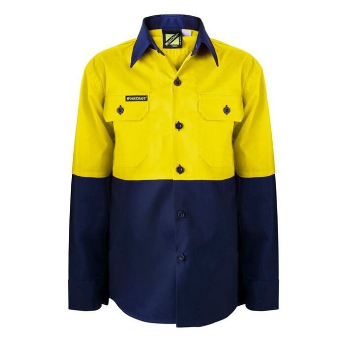 Childrens button down extra strong fabric Workcraft WSK127 Kids HiVis 2-Tone Long Sleeve Shirt Yellow navy front view