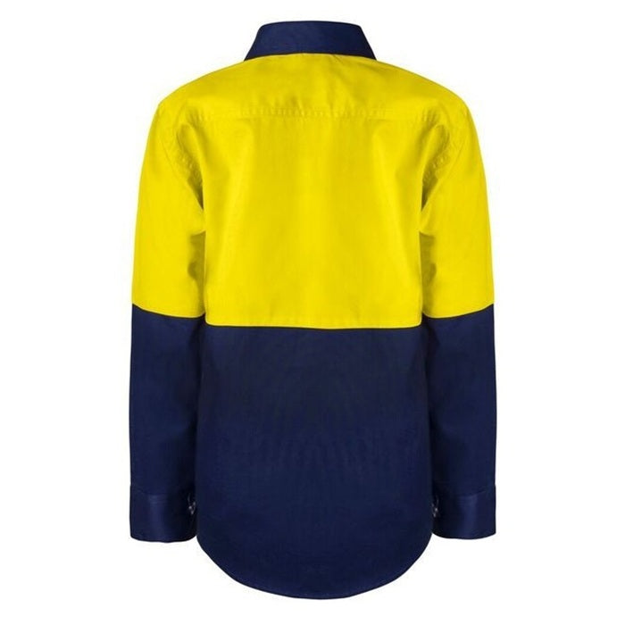 childrens, yellow and navy, breathable Workcraft WSK127 Kids HiVis 2-Tone Long Sleeve Shirt, rear view