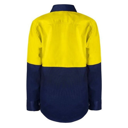 childrens, yellow and navy, breathable Workcraft WSK127 Kids HiVis 2-Tone Long Sleeve Shirt, rear view