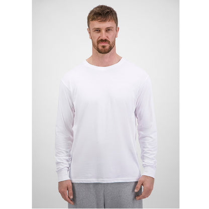 Man wearing a plain white long-sleeve shirt and gray pants on a white background