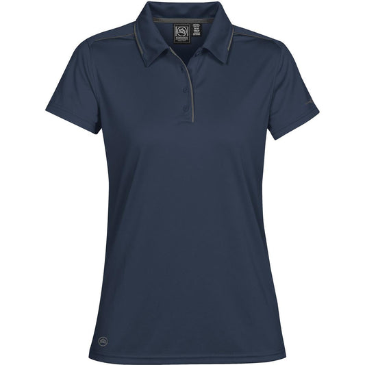 Navy blue Stormtech women's sport polo shirt with short sleeves, a collar, and contrast piping at the collar and shoulder.