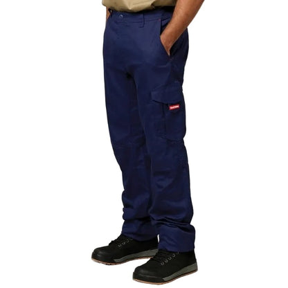 Navy blue cargo pants with a red label on a white background