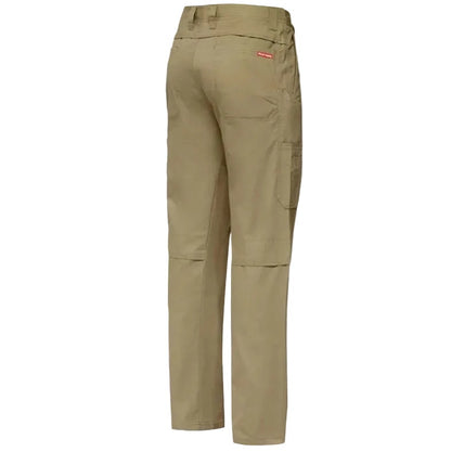 Khaki pants with a visible brand logo on a white background