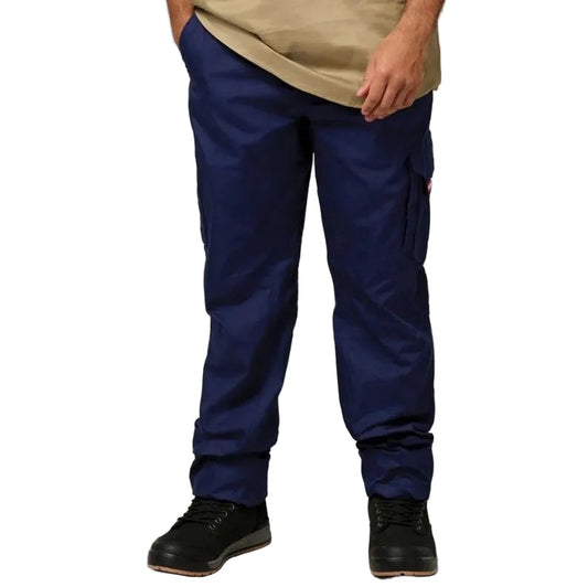 Person wearing navy blue cargo pants on a white background