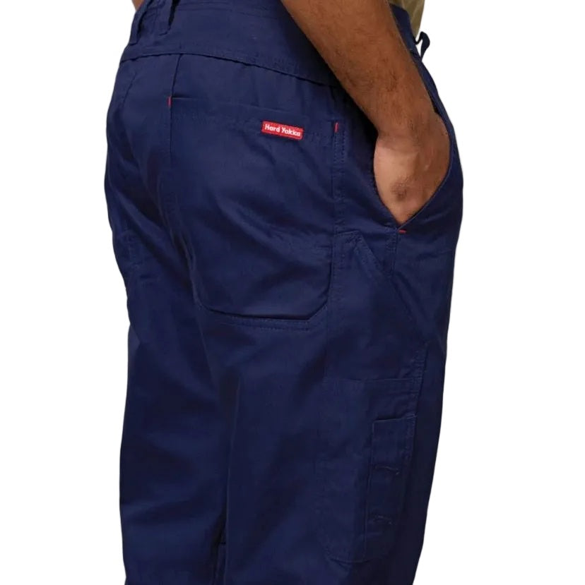 Navy blue pants with a visible brand logo on a white background