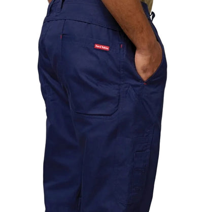 Navy blue pants with a visible brand logo on a white background