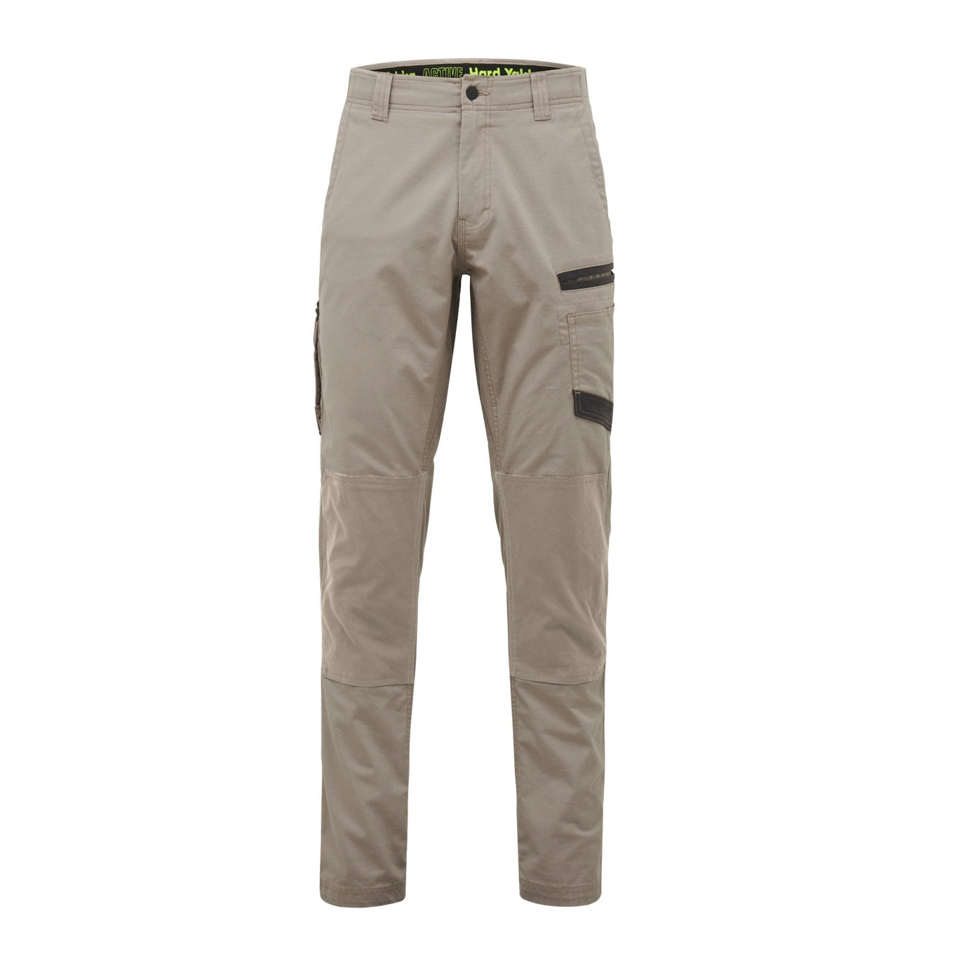 Beige pants with black patches on a white background