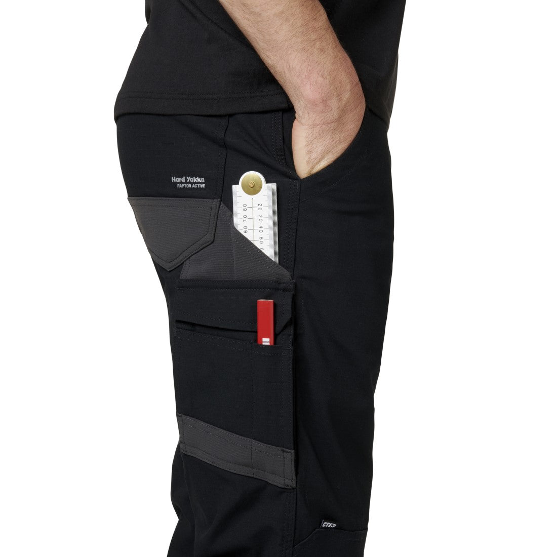 Black work pants with multiple pockets on a white background
