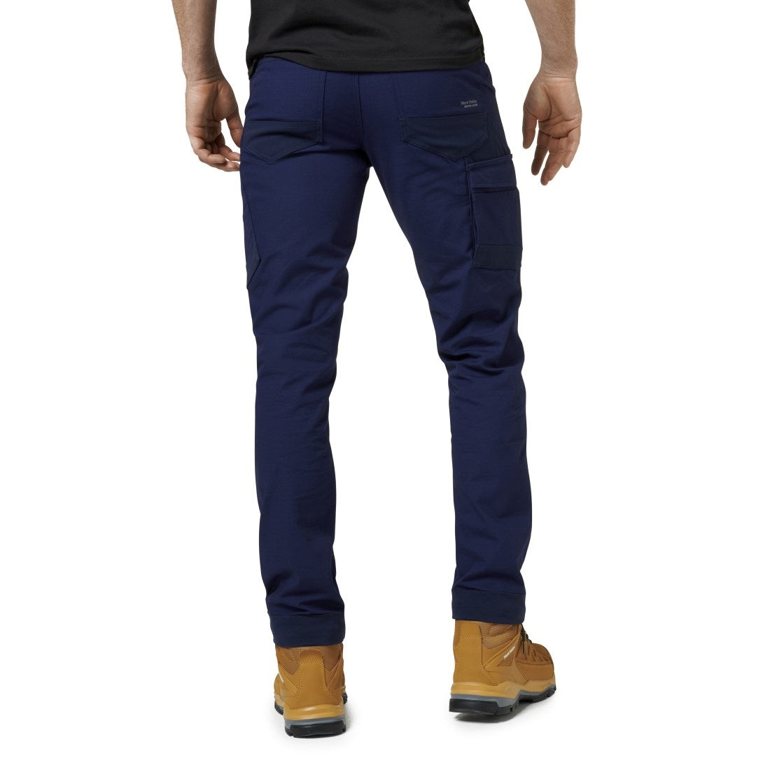 Navy blue pants worn by a person on a white background
