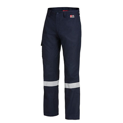 Navy work pants with reflective stripes on a white background