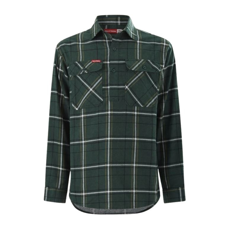 Hard Yakka Y04006 Core LS Closed Front Check Flannel Shirt - Green/White Check - Front View
