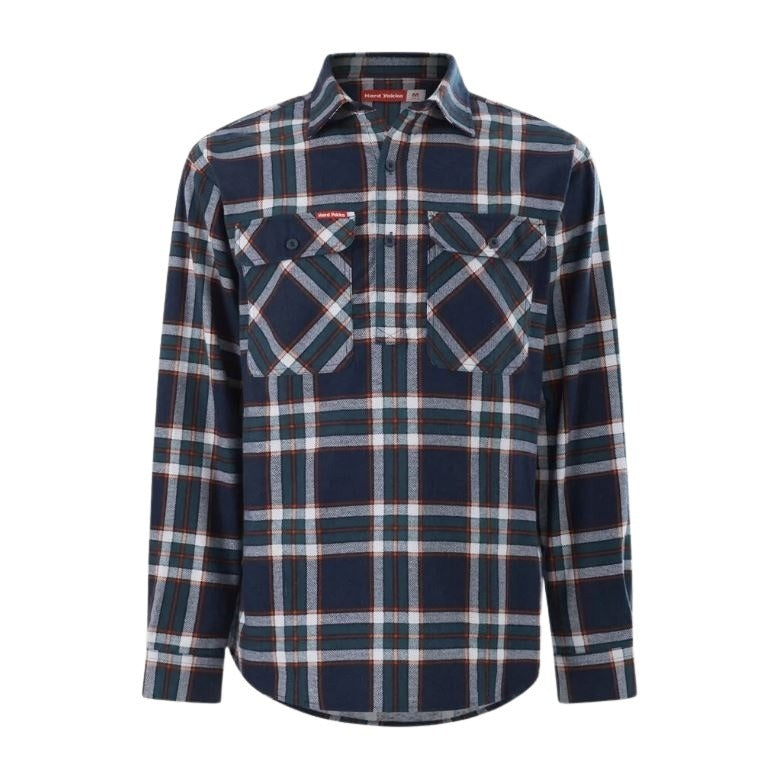 Hard Yakka Y04006 Core LS Closed Front Check Flannel Shirt - Navy/Orange Check - Alternative Front View