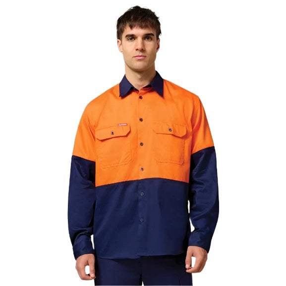 Hard Yakka Y04605 Core HiVis Long Sleeve Heavyweight Cotton Drill Shirt - Orange/Navy - Alternative Front View