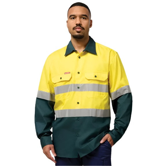 Hard Yakka Y04610 Core HiVis 2-Tone Taped Drill Shirt - Yellow/Green - Alternative Front View