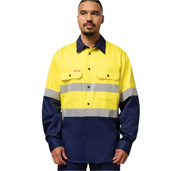 Hard Yakka Y04610 Core HiVis 2-Tone Taped Drill Shirt - Yellow/Navy - Alternative Front View