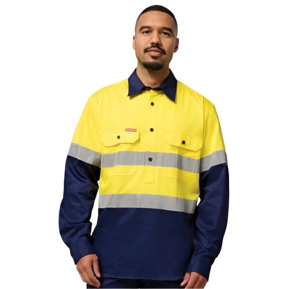 Hard Yakka Y04615 Core Hivis Long Sleeve Heavyweight Closed Front Taped Shirt - Yellow/Navy - Alternative Front View