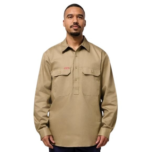 Hard Yakka Y07530 Long Sleeve Closed Front Cotton Drill Work Shirt - Khaki - Front View