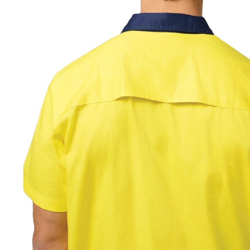 Yellow shirt with navy collar on a white background