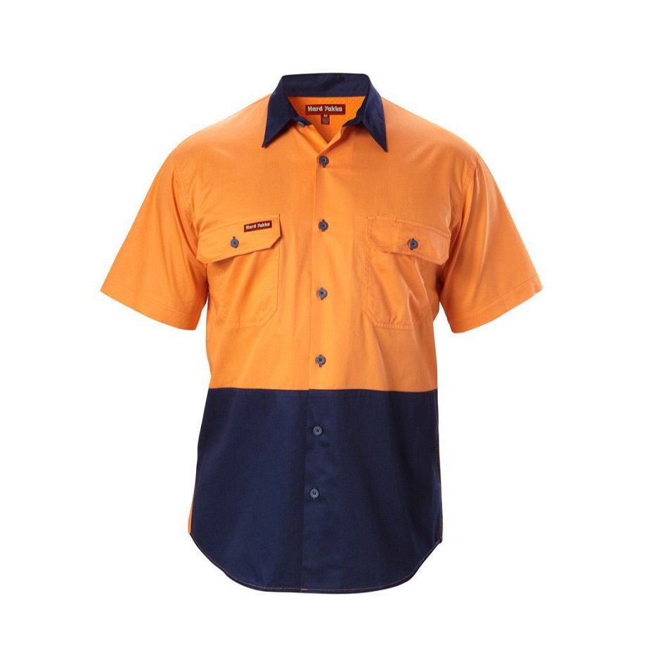 Hard Yakka Y07559 Koolgear HiVis 2-Tone Vented Short Sleeve Shirt - Orange/Navy - Front View