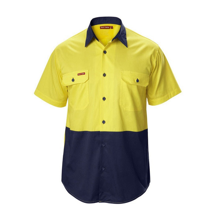 Yellow and navy work shirt with short sleeves on a white background
