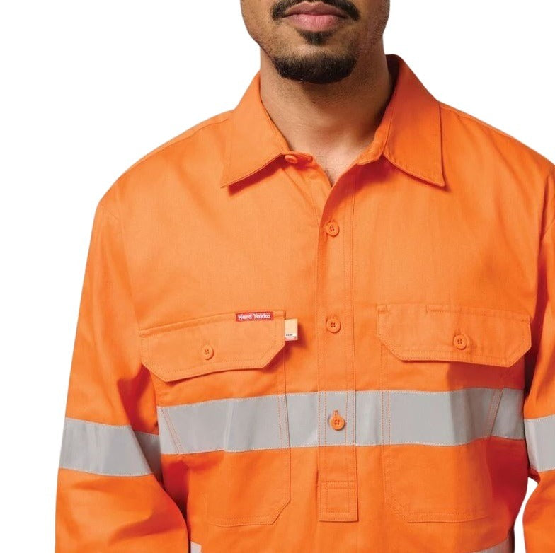 Hard Yakka Y07899 Hi Vis Closed Front Taped Long Sleeve Cotton Drill Shirt