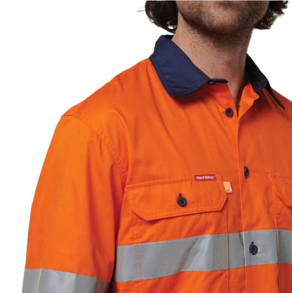Orange work shirt with reflective stripes on a white background