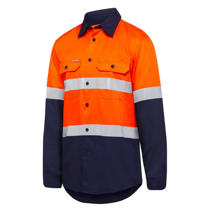 Orange and navy work shirt with reflective stripes on a white background