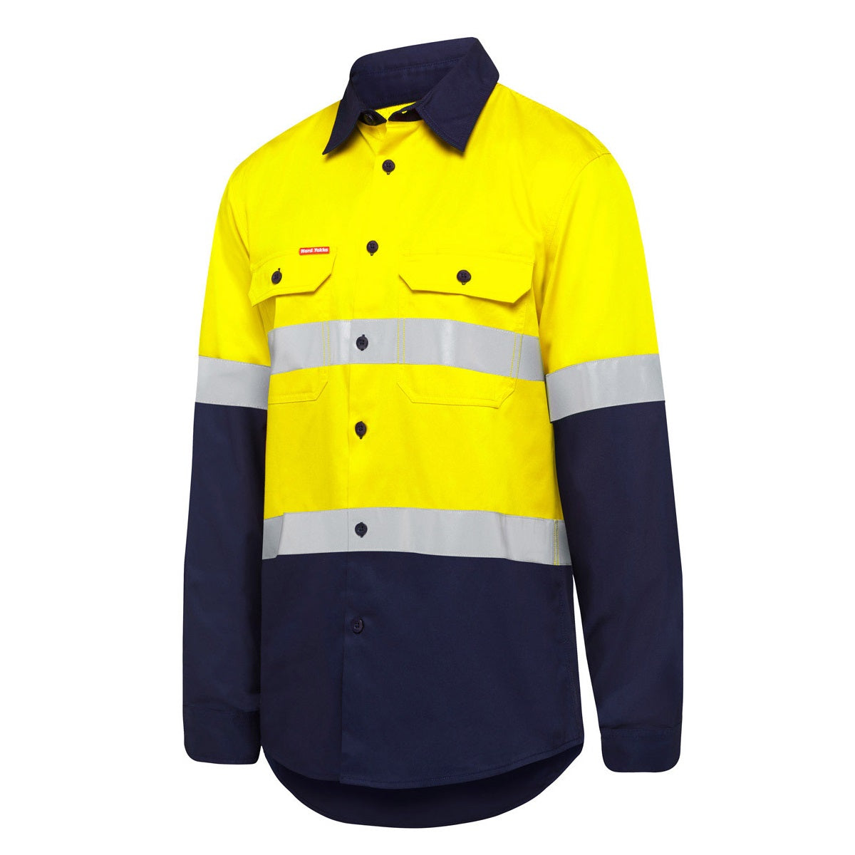 Yellow and navy work shirt with reflective stripes on a white background