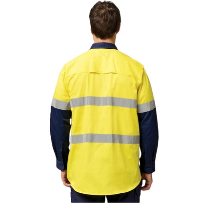 Person wearing a high-visibility yellow and navy work shirt with reflective stripes on a white background
