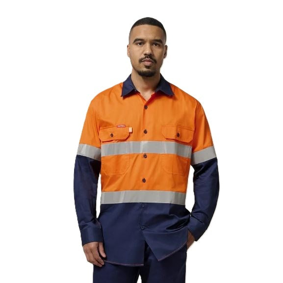 Hard Yakka Y07978 Koolgear HiVis 2-Tone Vented Long Sleeve Cotton Shirt - Orange/Navy - Front View