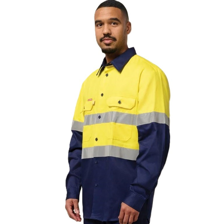 Man wearing a yellow and navy high-visibility work shirt on a white background
