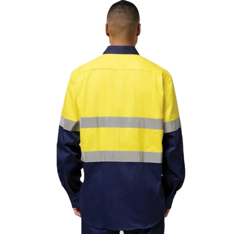 Person wearing a high-visibility work shirt with reflective stripes on a white background