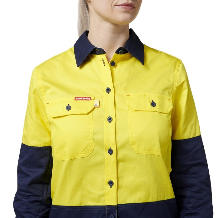 Yellow and navy work shirt with a brand logo on a white background
