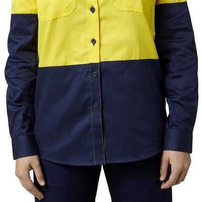 Yellow and navy two-tone shirt on a white background