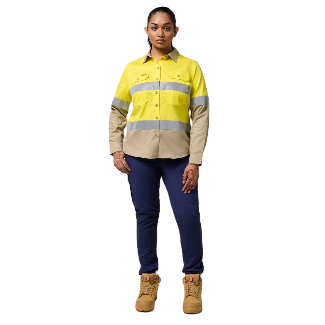 Hard Yakka Y08805 Core Womens HiVis Lightweight 2-Tone Taped Shirt - Yellow/Khaki - Alternative Front View