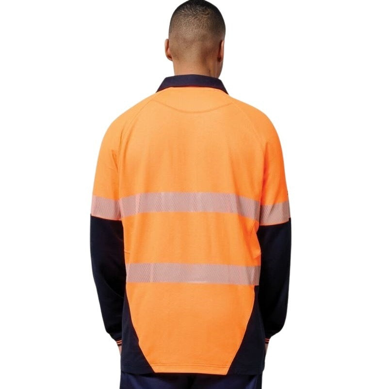 Person wearing an orange high-visibility safety shirt with reflective stripes on a white background
