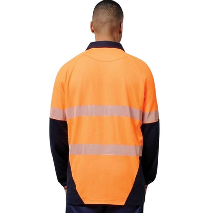Person wearing an orange high-visibility safety shirt with reflective stripes on a white background