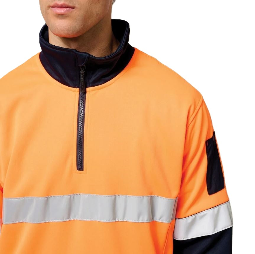Orange high-visibility work shirt with reflective strip on a white background