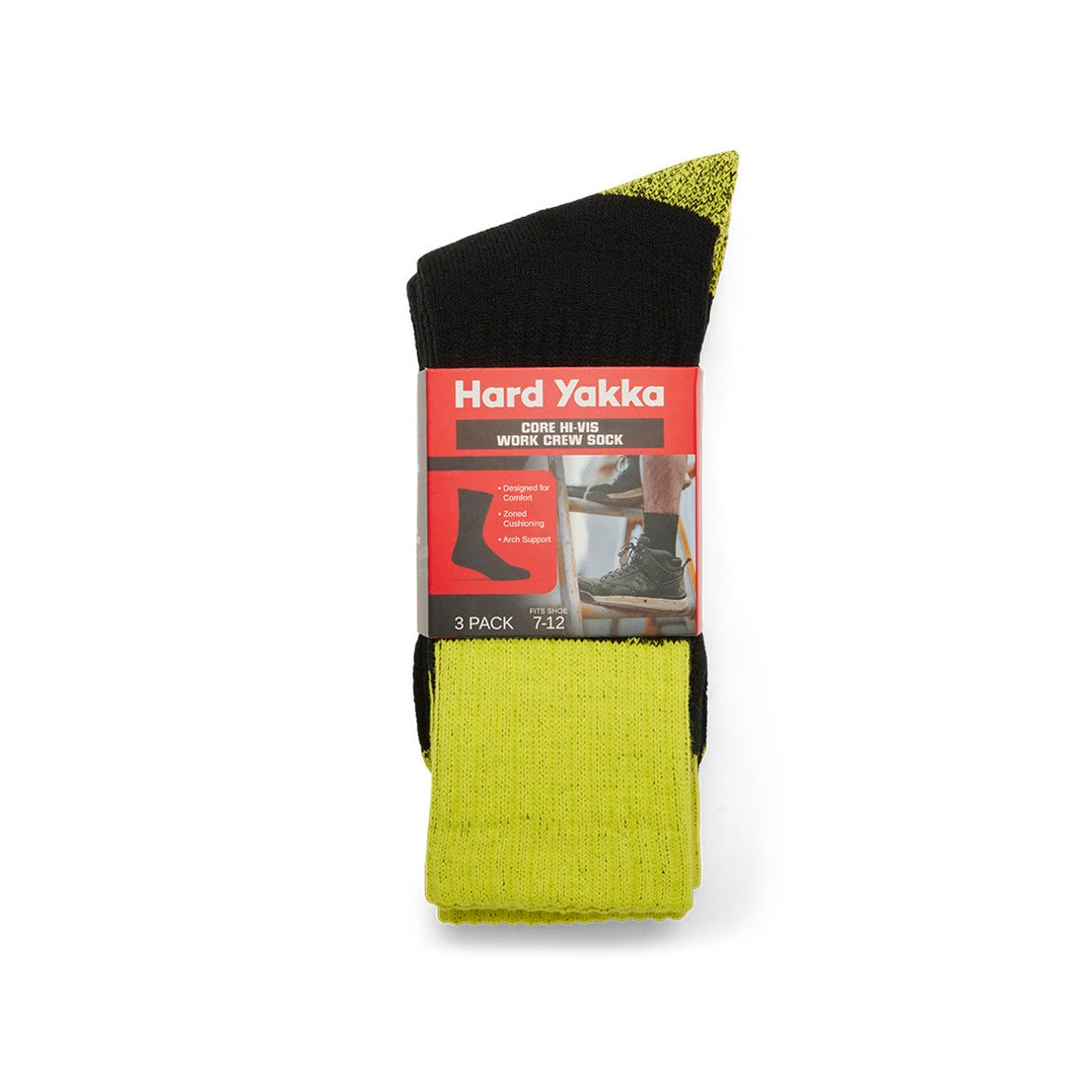 Hard Yakka Y20014 Core Hi Vis Work Crew Sock 3PK - Black/Yellow - Packaging View
