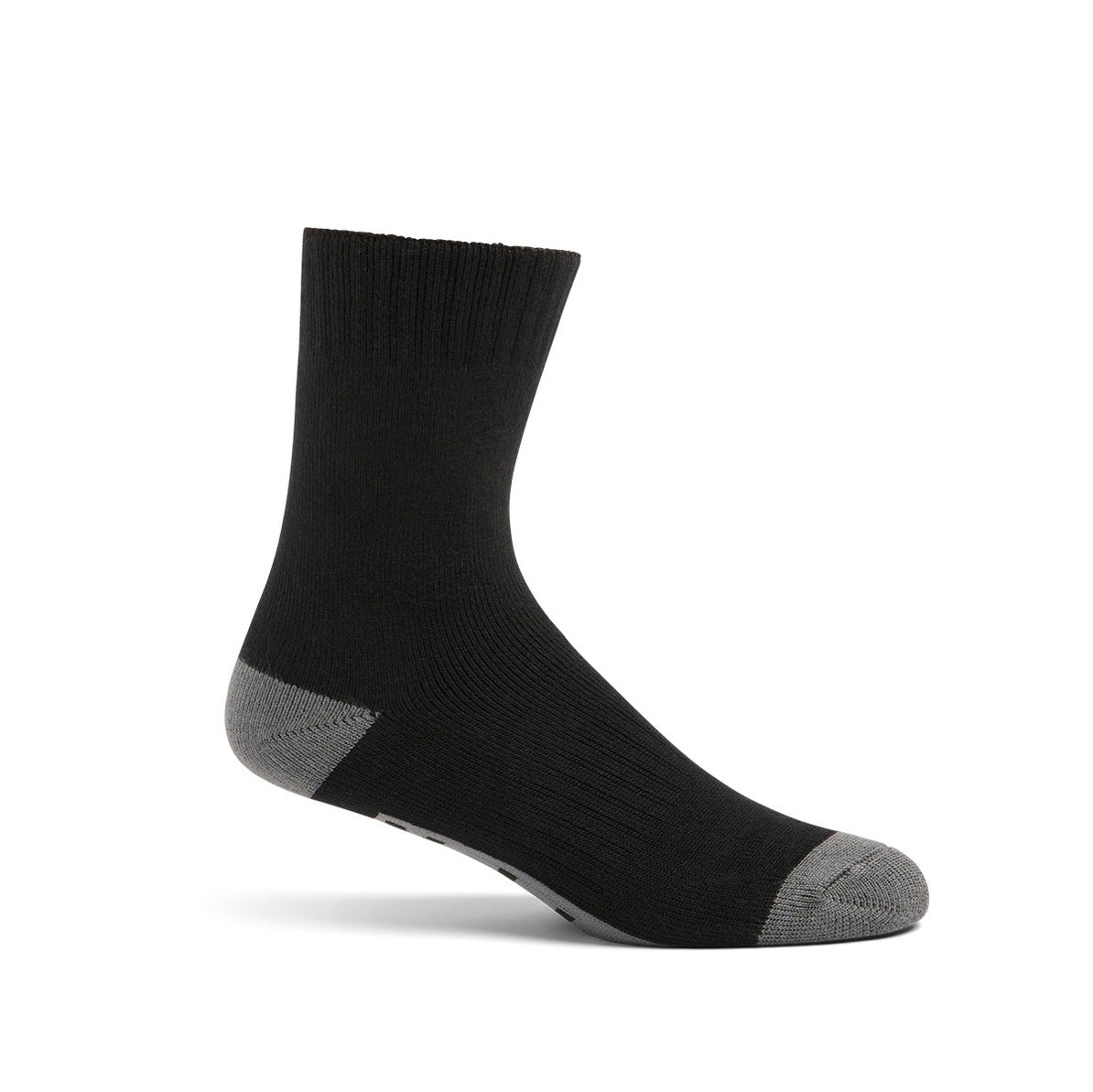 Black sock with gray heel and toe on a white background