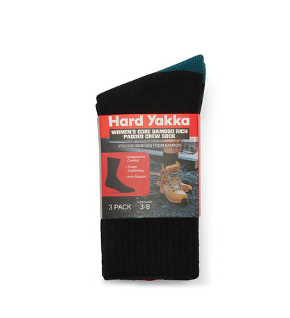 Pack of Hard Yakka women's black socks with packaging on a white background