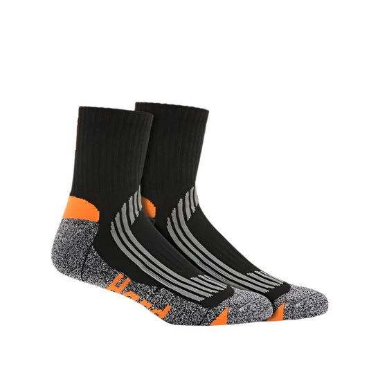 Two pairs of black, gray, and orange socks on a white background