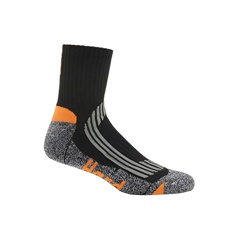 Black, gray, and orange sock on a white background