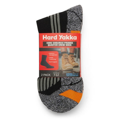 Two pairs of black and gray Hard Yakka socks with a red label on a white background