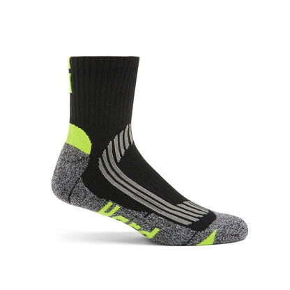Black, gray, and green sock on a white background